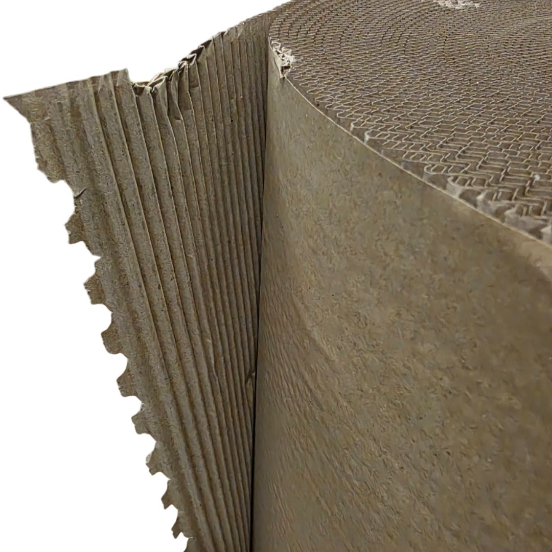 Close-up of a roll of brown corrugated paper with textured surface